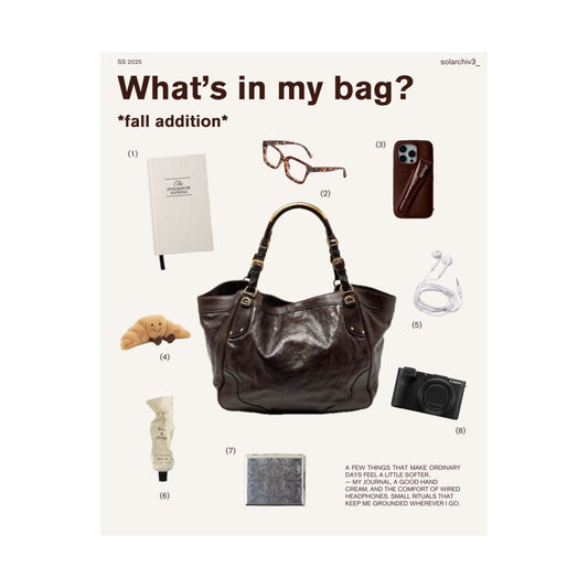 Brown handbag with items listed on a white background
