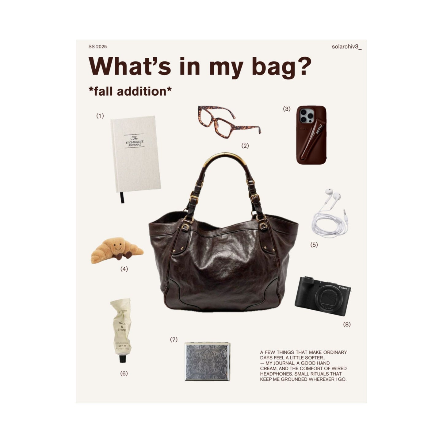 Brown handbag with items listed on a white background